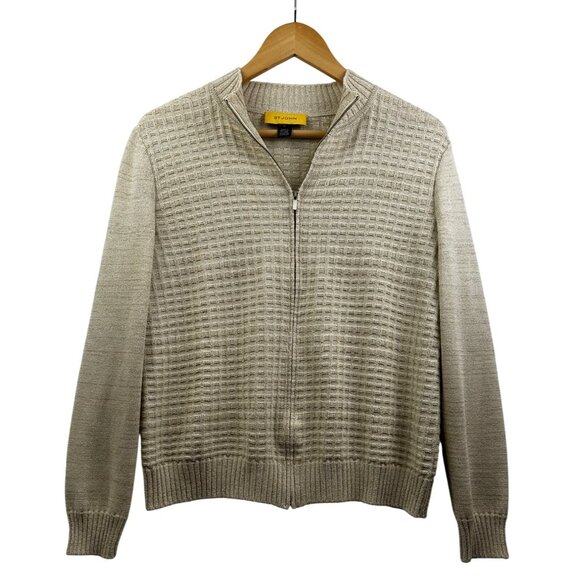 St. John Cardigan Sweater Womens M Metallic Full-Zip Beige Gold Knit Made in USA - Picture 3 of 8